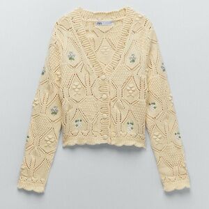 Zara Floral Knit 100% Cotton Embroidered Yellow Cardigan size L
